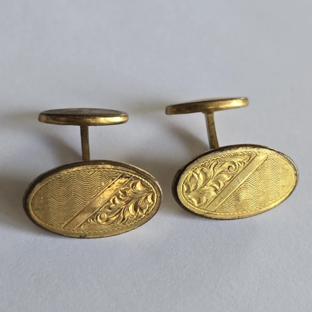 Vintage cuff links gold tone oval engraved leaves lines edwardian art deco